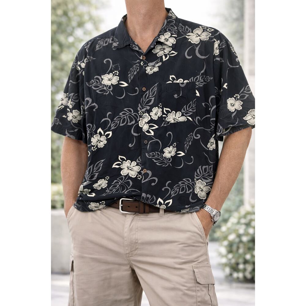 Island Republic Silk Hawaiian Shirt Black White Floral‎ XXL Resort